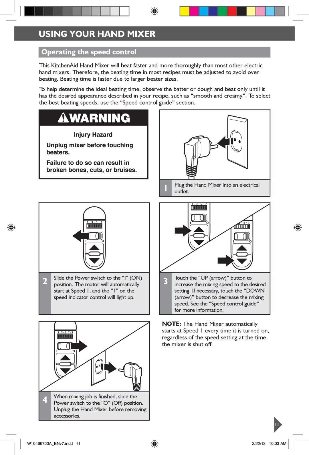 KitchenAid 5KHM9212 manual Using Your Hand Mixer, Operating the speed control 