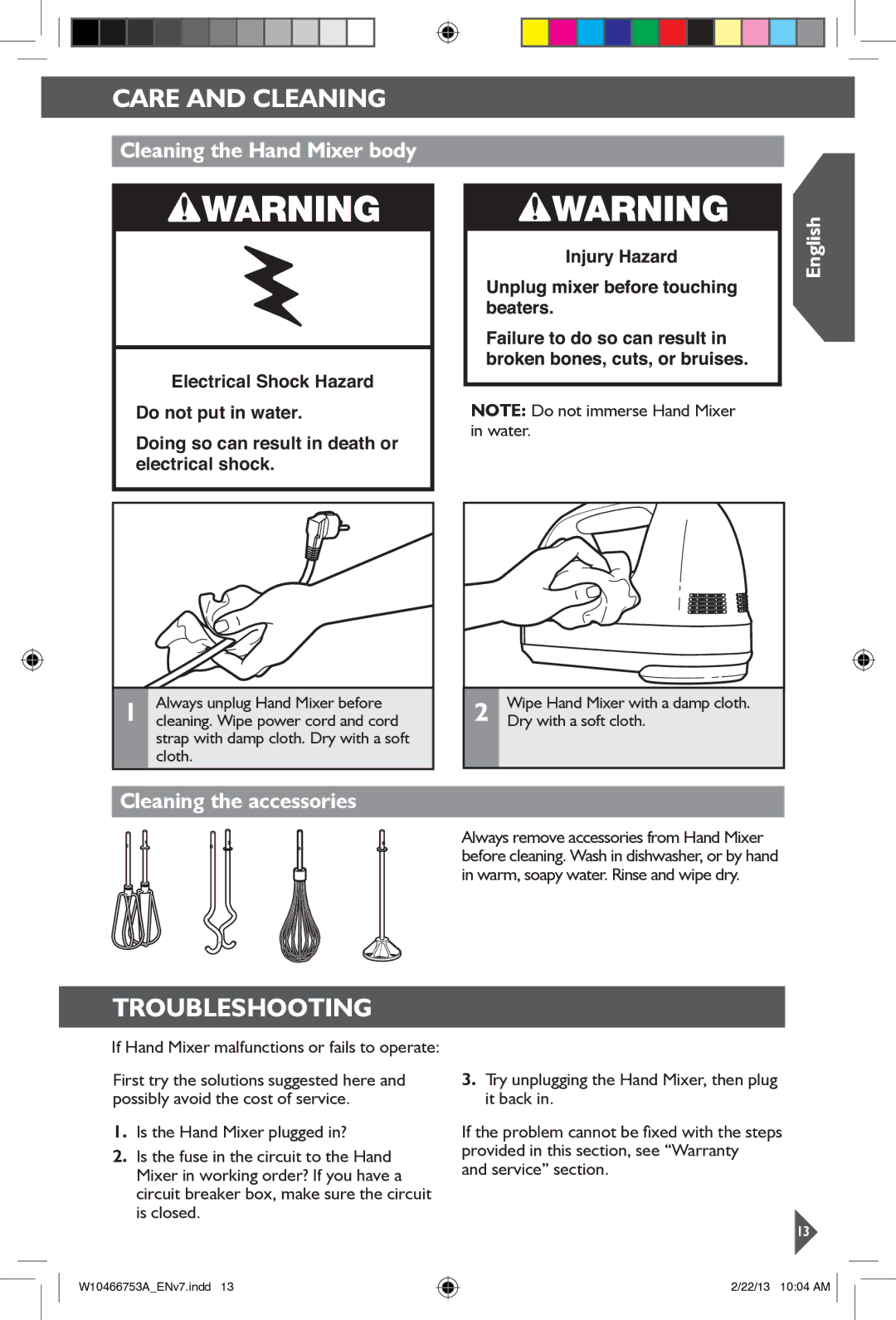 KitchenAid 5KHM9212 manual Care and Cleaning, Troubleshooting, Cleaning the Hand Mixer body, Cleaning the accessories 