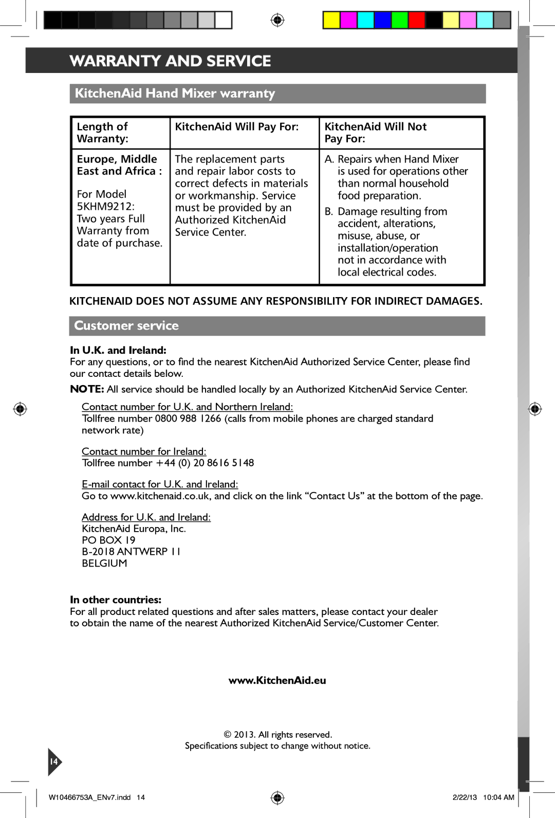 KitchenAid 5KHM9212 manual Warranty and Service, KitchenAid Hand Mixer warranty, Customer service 