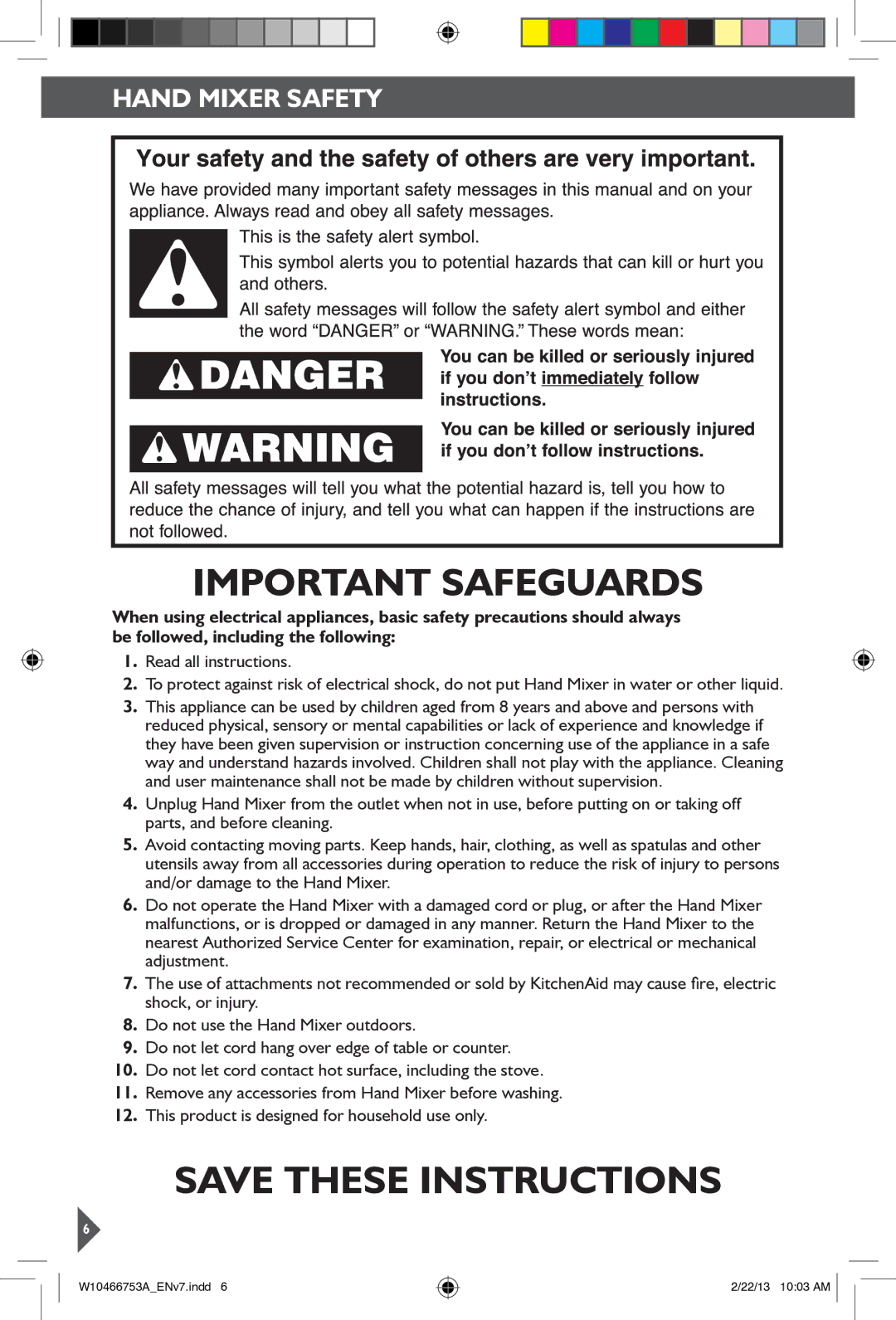 KitchenAid 5KHM9212 manual Important Safeguards, Hand Mixer Safety 