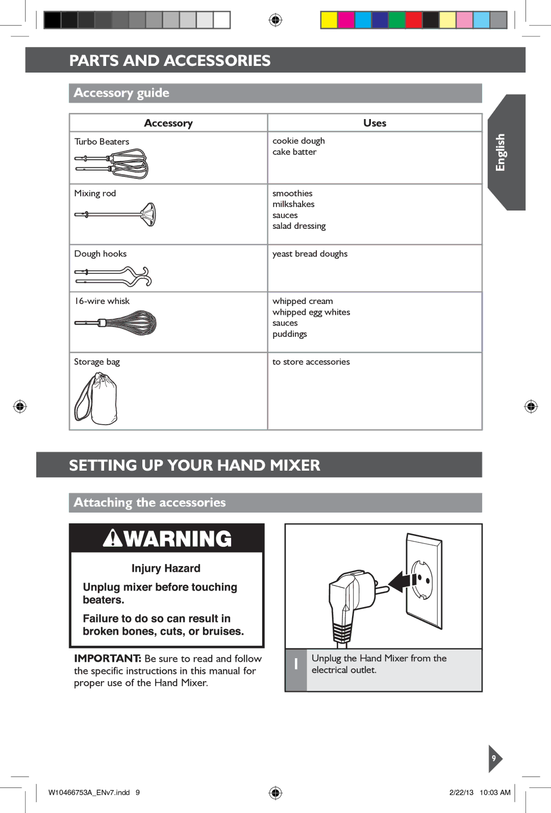 KitchenAid 5KHM9212 manual Setting Up Your Hand Mixer, Accessory guide, Attaching the accessories 