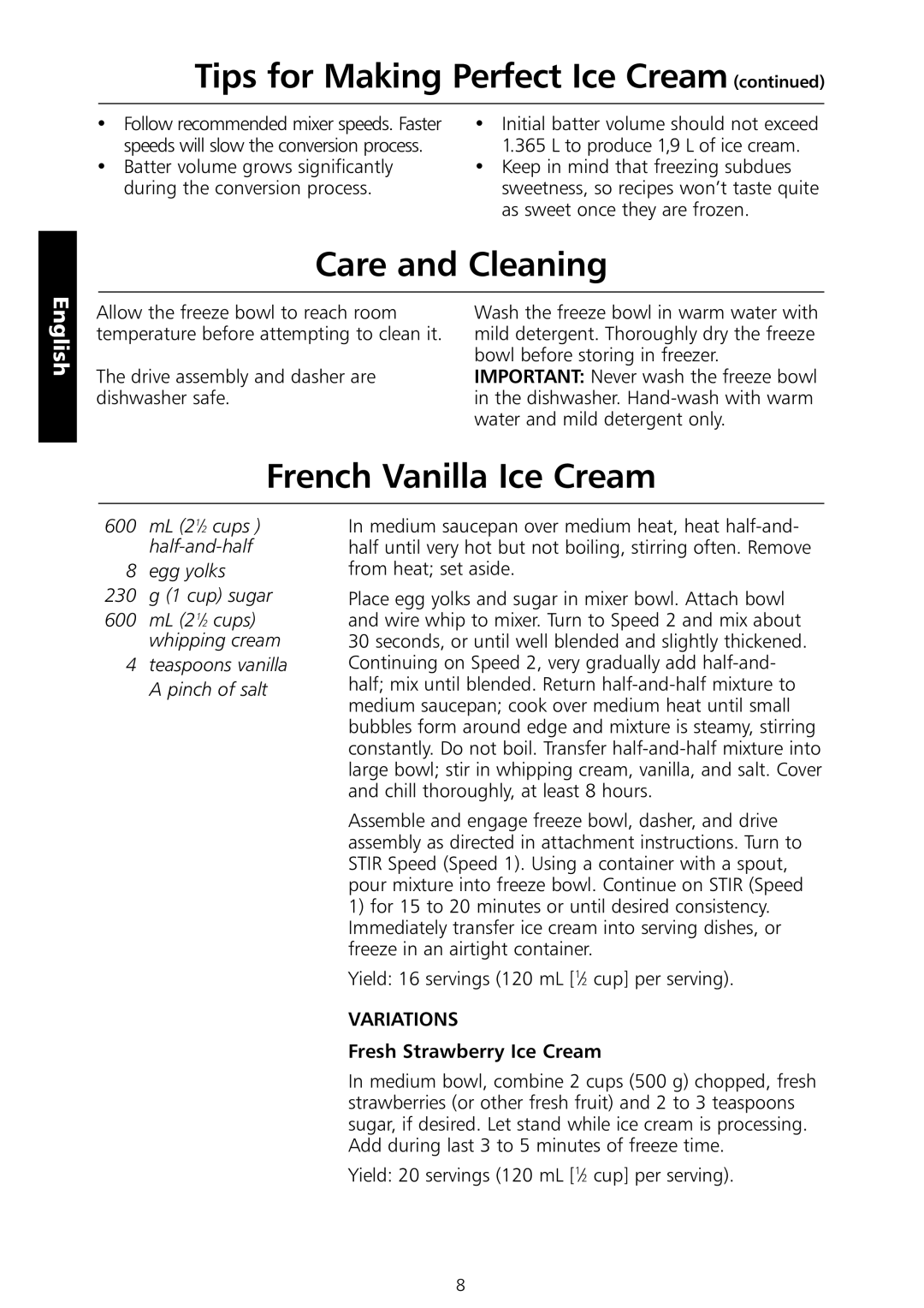 KitchenAid 5KICA0WH manual Care and Cleaning, French Vanilla Ice Cream, Fresh Strawberry Ice Cream 