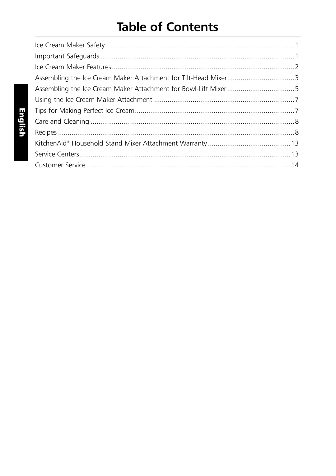 KitchenAid 5KICA0WH manual Table of Contents 