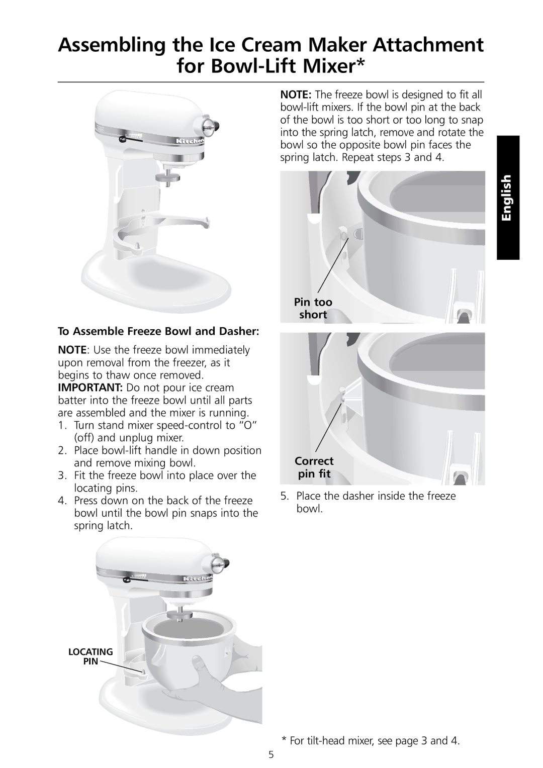 KitchenAid 5KICA0WH manual Pin too Short Correct Pin fit 