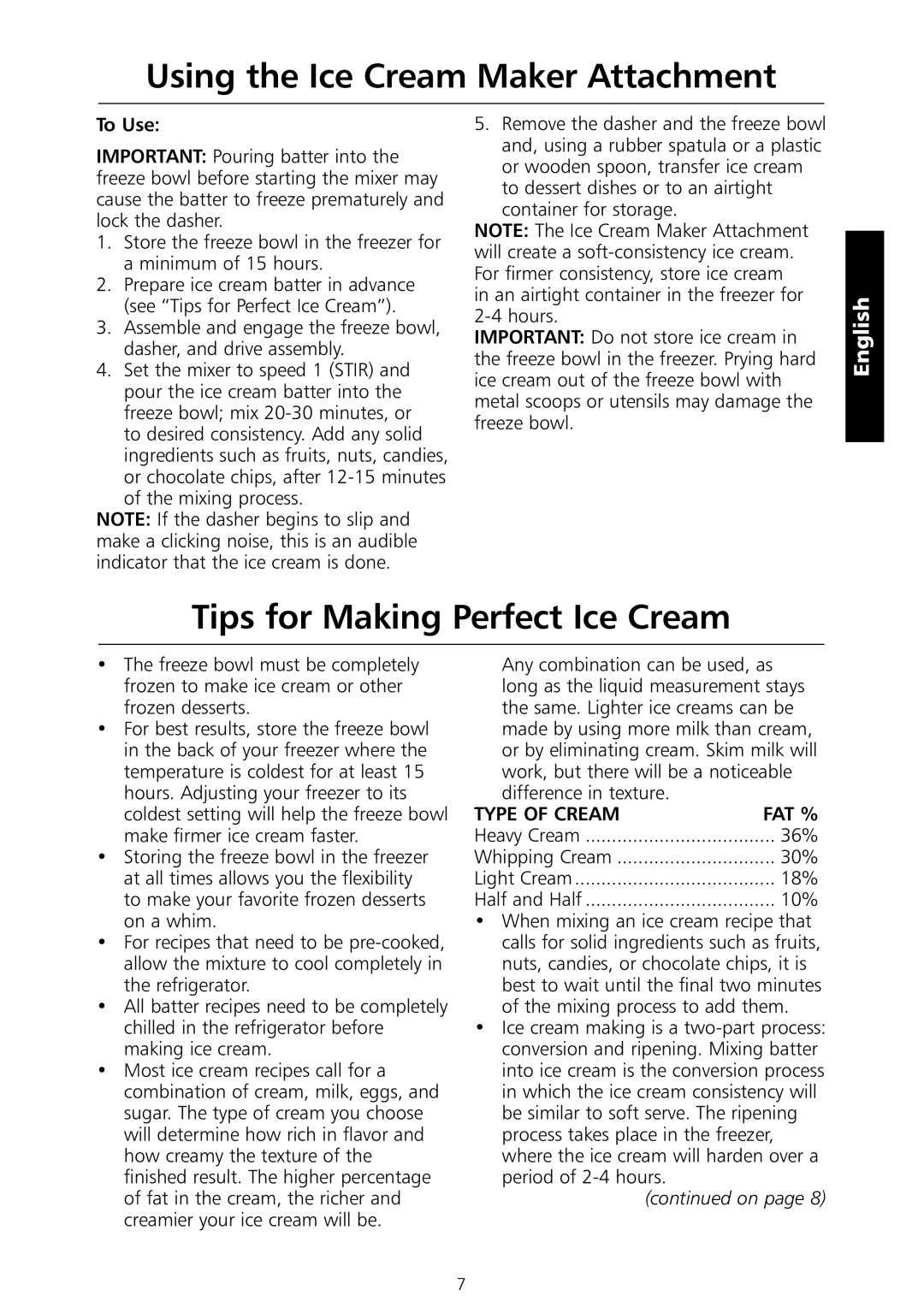 KitchenAid 5KICA0WH manual Using the Ice Cream Maker Attachment, Tips for Making Perfect Ice Cream, To Use 