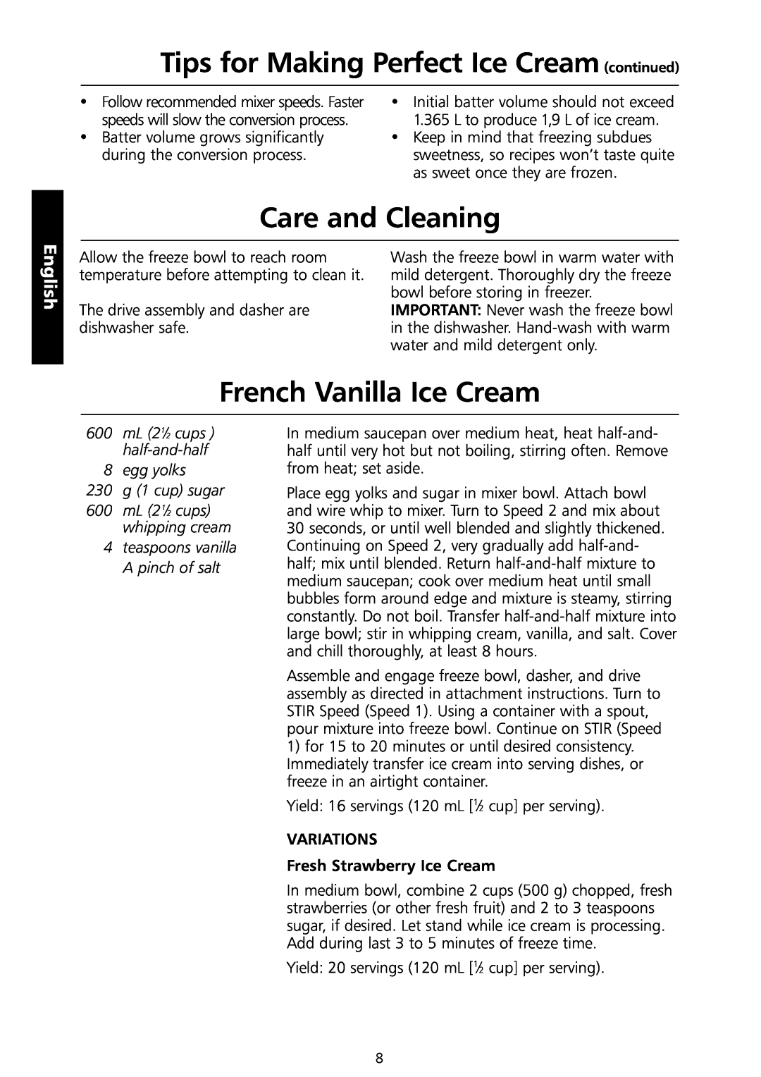 KitchenAid 5KICA0WH continuedTips for Making Perfect Ice Cream continued, Care and Cleaning, French Vanilla Ice Cream 
