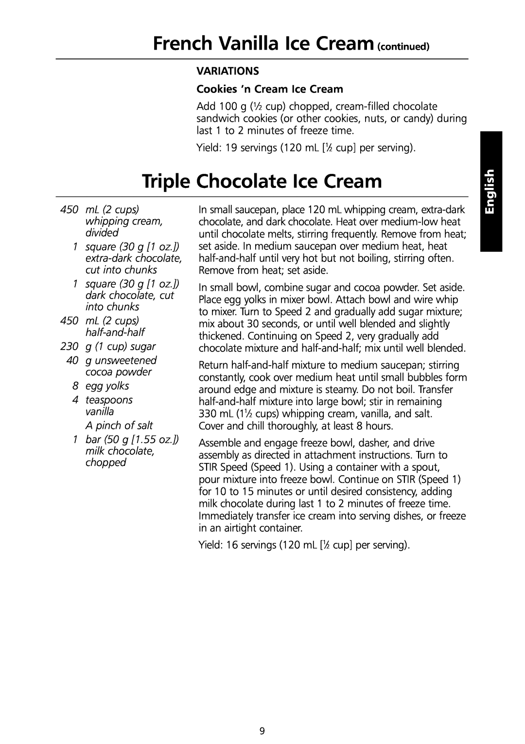 KitchenAid 5KICA0WH manual continued French Vanilla Ice Cream continued, Triple Chocolate Ice Cream, English 