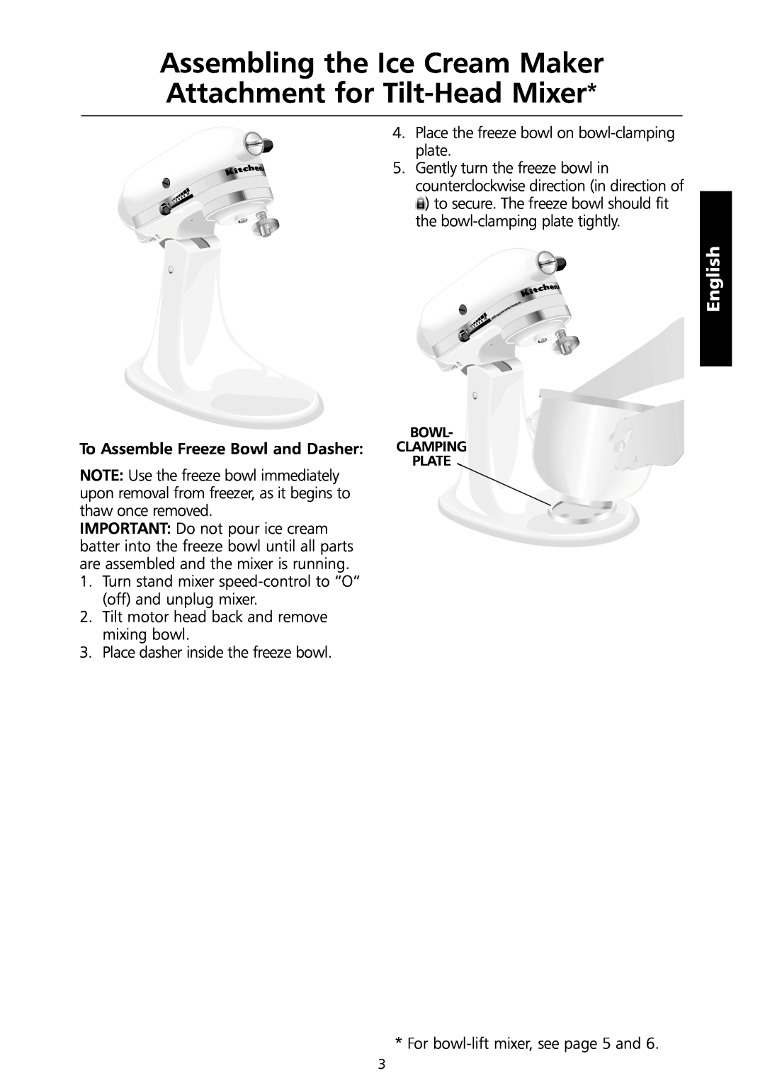 KitchenAid 5KICA0WH manual Assembling the Ice Cream Maker Attachment for Tilt-Head Mixer, English 