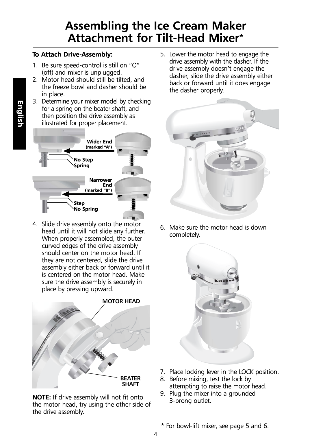 KitchenAid 5KICA0WH manual Assembling the Ice Cream Maker Attachment for Tilt-Head Mixer, English, To Attach Drive-Assembly 