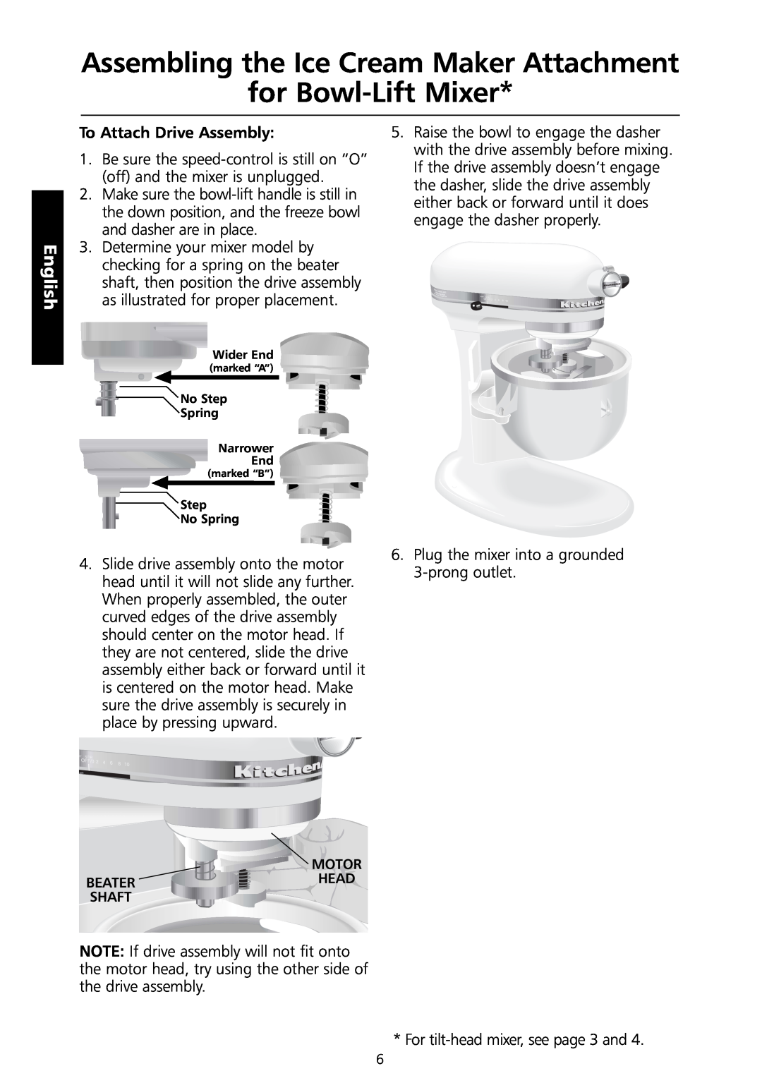 KitchenAid 5KICA0WH manual Assembling the Ice Cream Maker Attachment for Bowl-Lift Mixer, English, To Attach Drive Assembly 