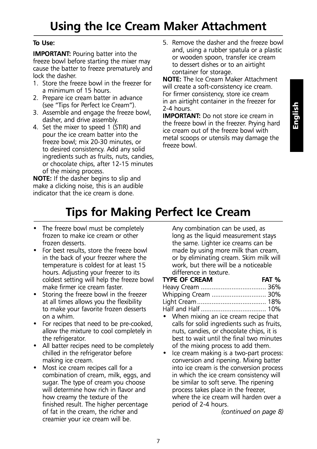 KitchenAid 5KICA0WH manual Using the Ice Cream Maker Attachment, Tips for Making Perfect Ice Cream, English, To Use 