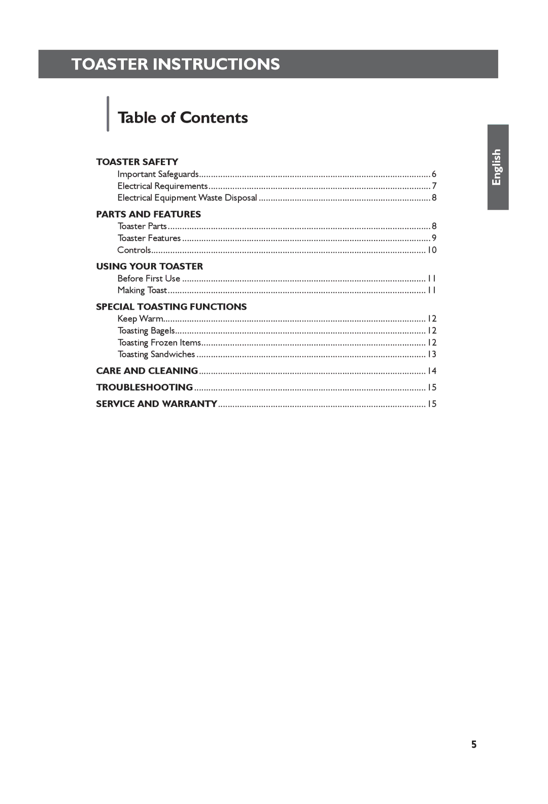 KitchenAid 5KMT2204, 5KMT4205 manual Toaster Instructions, Table of Contents 