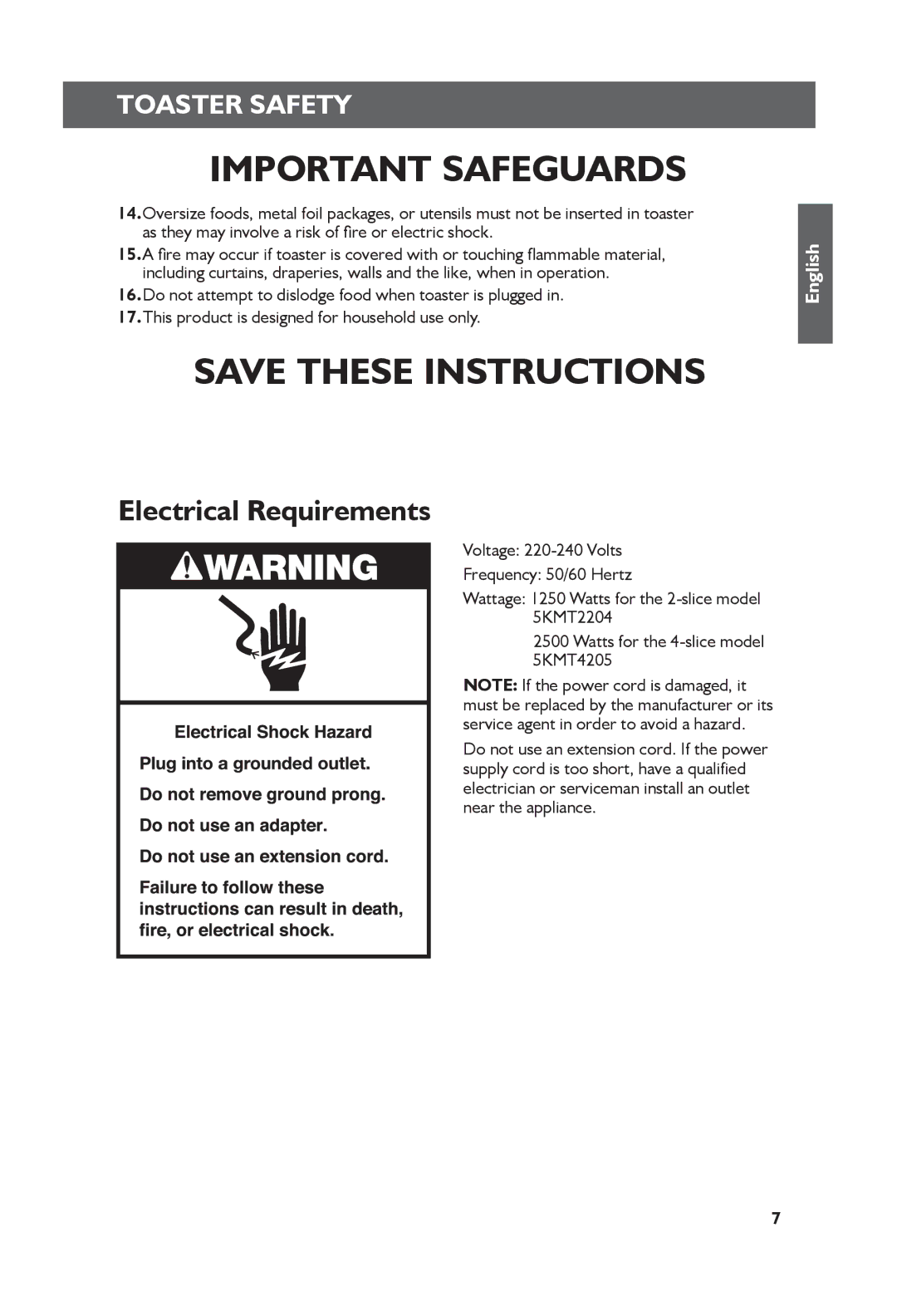 KitchenAid 5KMT2204, 5KMT4205 manual Electrical Requirements 