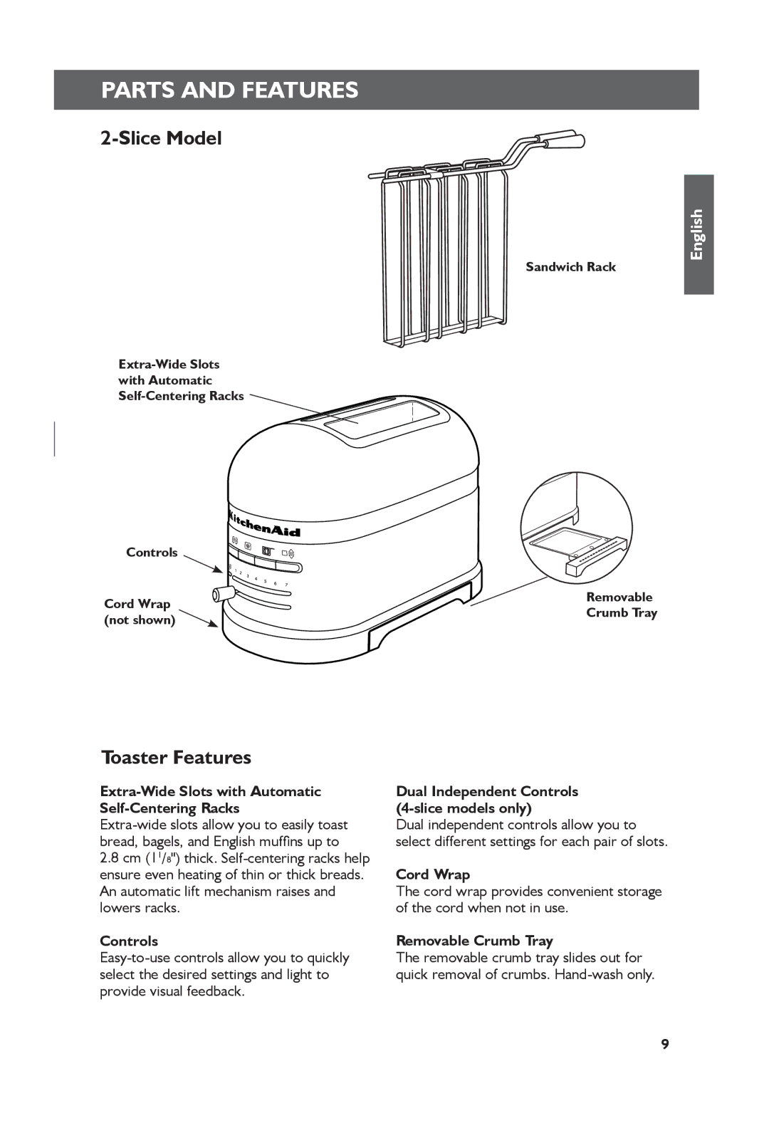 KitchenAid 5KMT2204, 5KMT4205 manual Toaster Features 