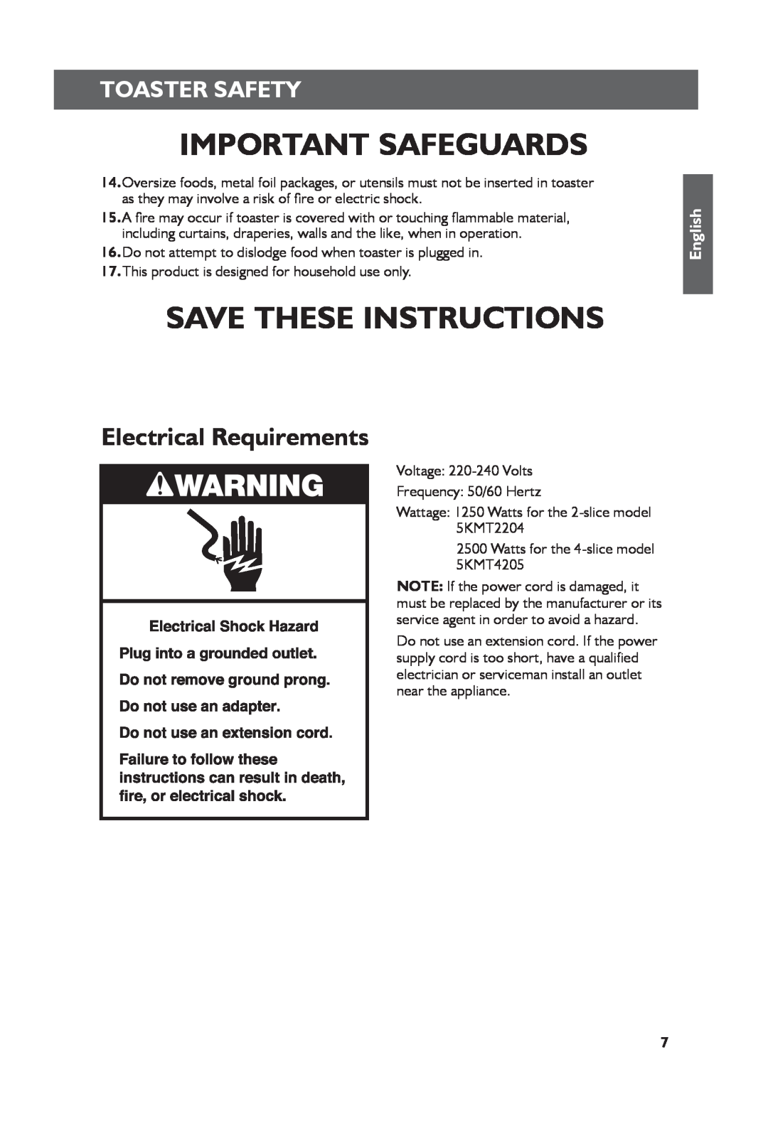 KitchenAid 5KMT2204 manual Important Safeguards, Save These Instructions, Electrical Requirements, Toaster Safety, English 