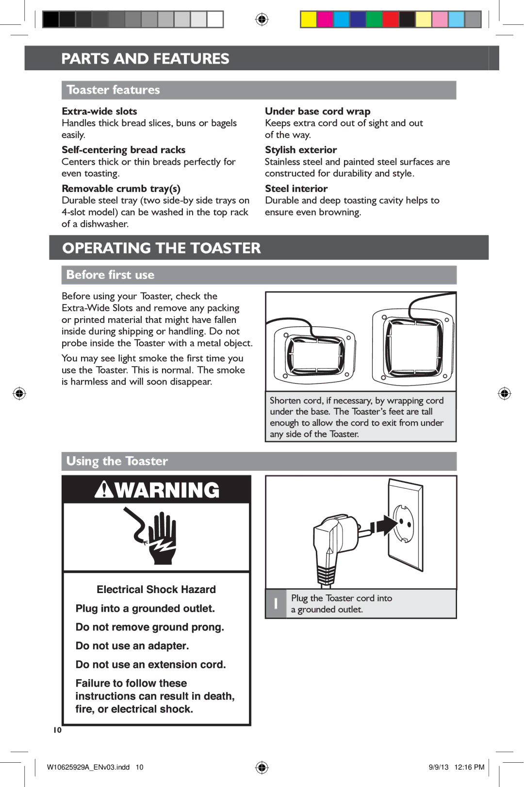 KitchenAid 5KMT221, 5KMT421 manual Toaster features, Before first use, Using the Toaster 