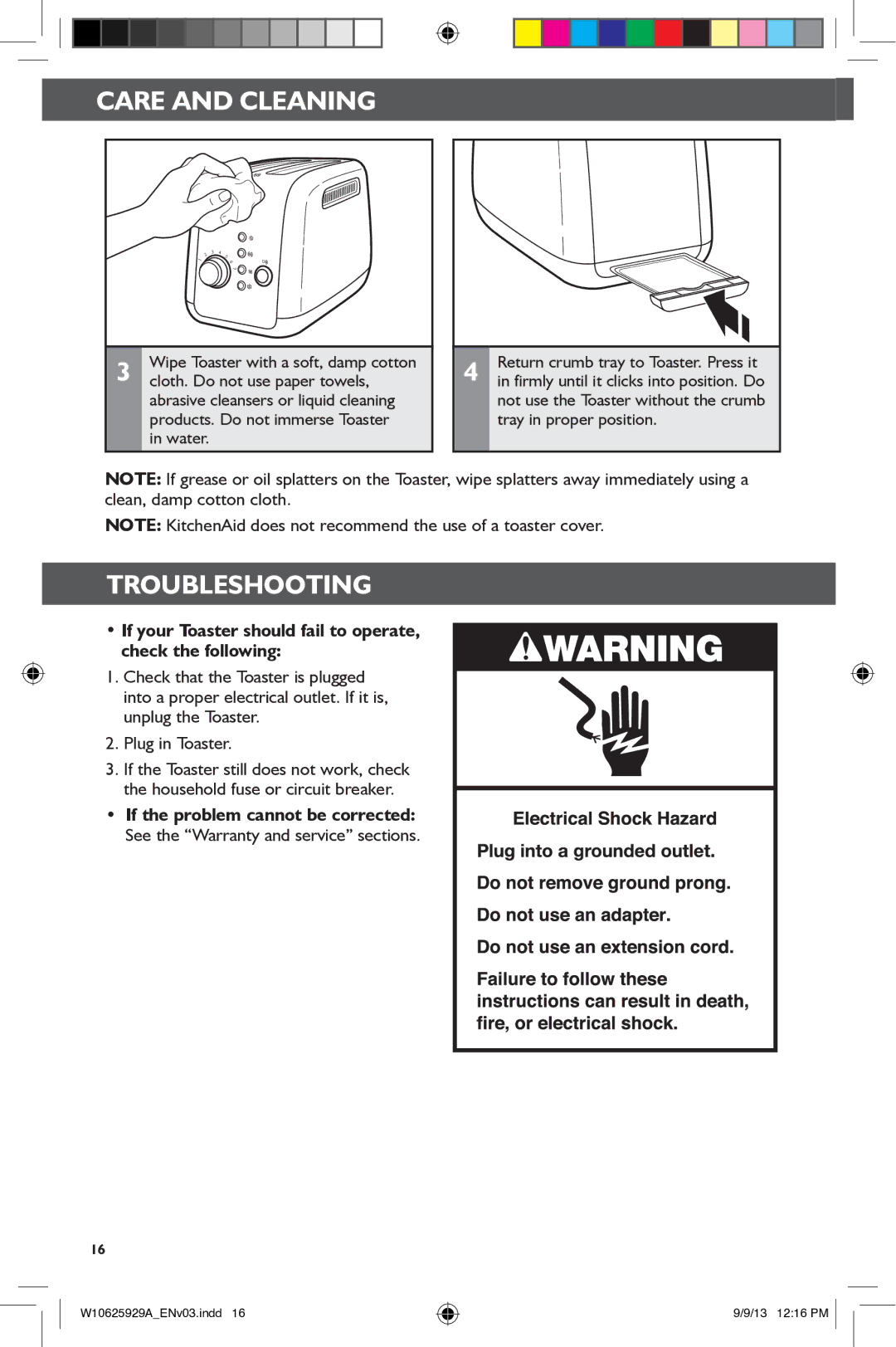 KitchenAid 5KMT221, 5KMT421 manual Care and cleaning, If your Toaster should fail to operate, check the following 