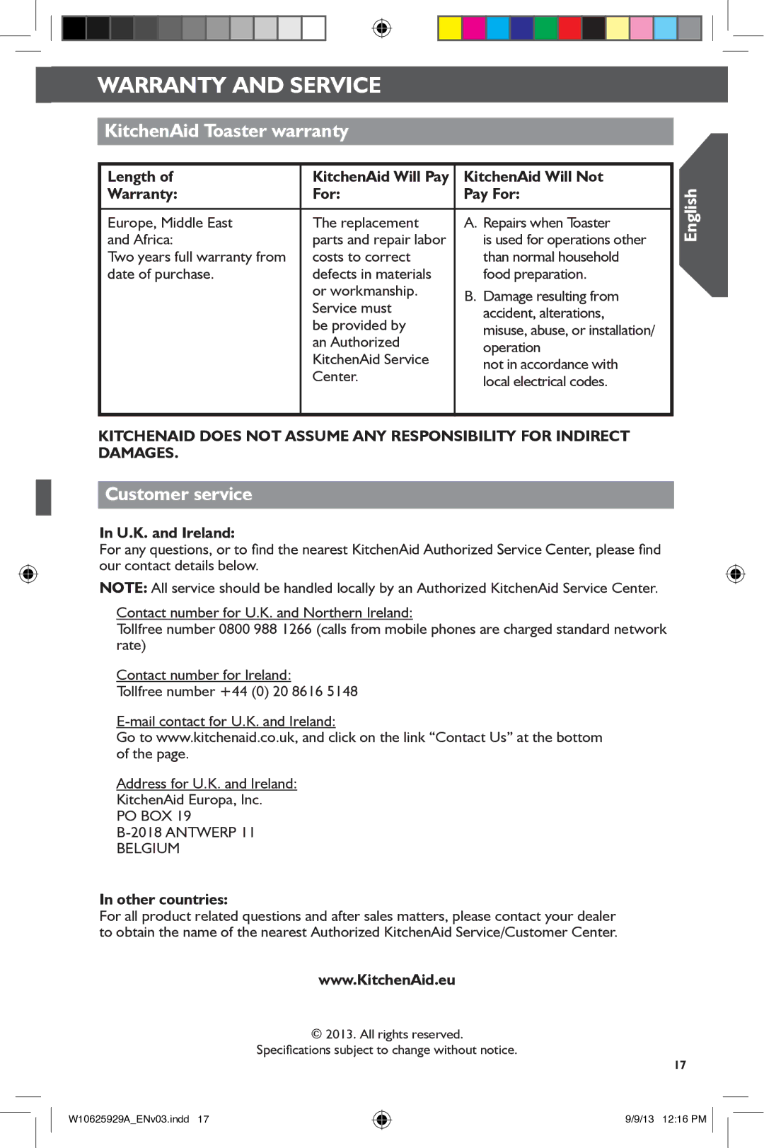 KitchenAid 5KMT421, 5KMT221 manual KitchenAid Toaster warranty, Customer service, U.K. and Ireland, Other countries 