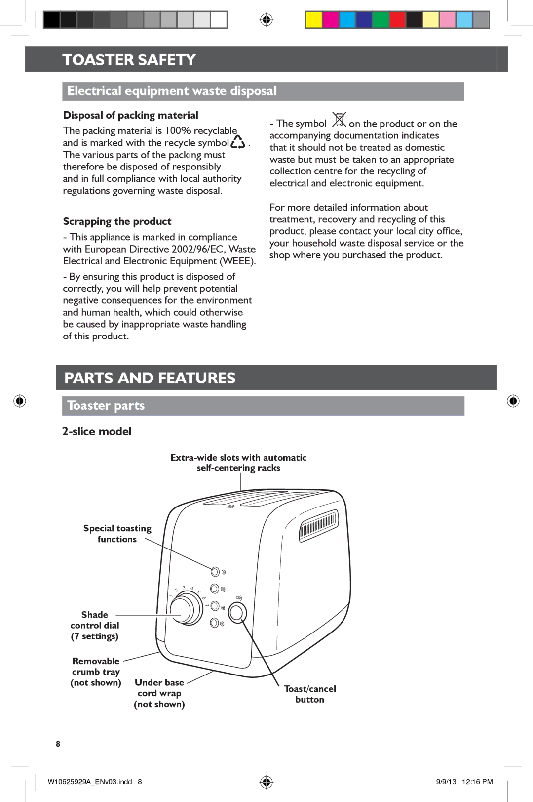 KitchenAid 5KMT221, 5KMT421 Electrical equipment waste disposal, Toaster parts, Slice model, Disposal of packing material 