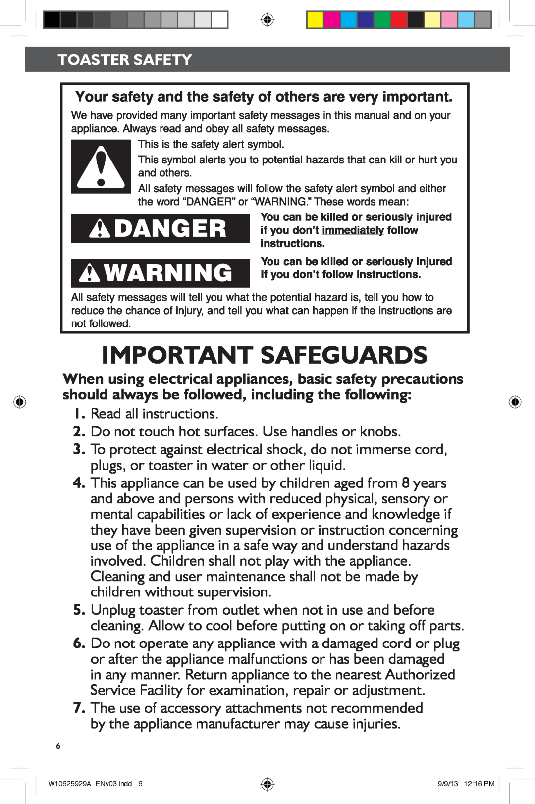 KitchenAid 5KMT221, 5KMT421 manual Important Safeguards, Toaster Safety 