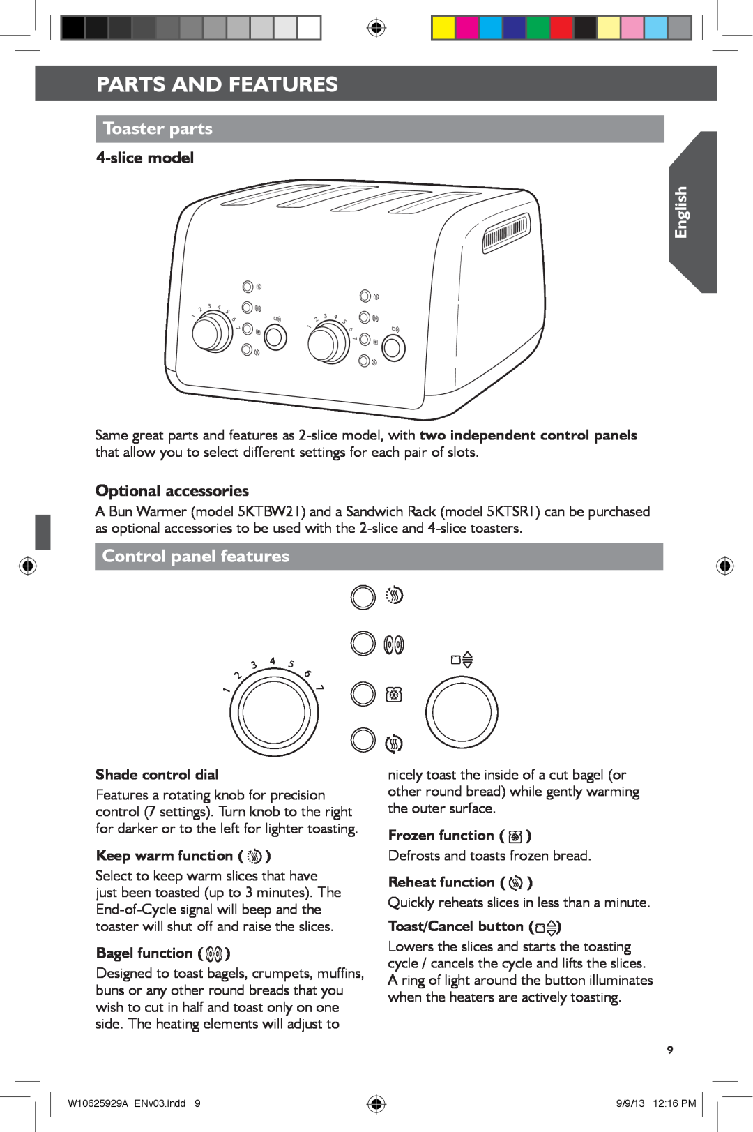 KitchenAid 5KMT421 Parts And Features, Toaster parts, Control panel features, slicemodel, English, Optional accessories 