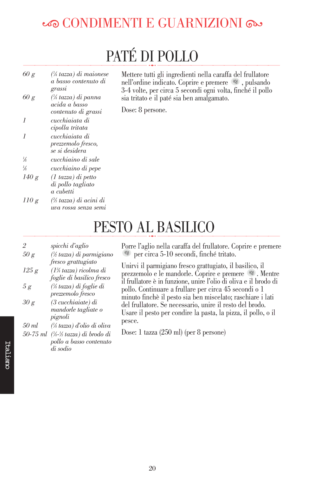 KitchenAid 5KSB52XXXX manual Paté DI Pollo, Pesto AL Basilico, Dose 8 persone, Dose 1 tazza 250 ml per 8 persone 