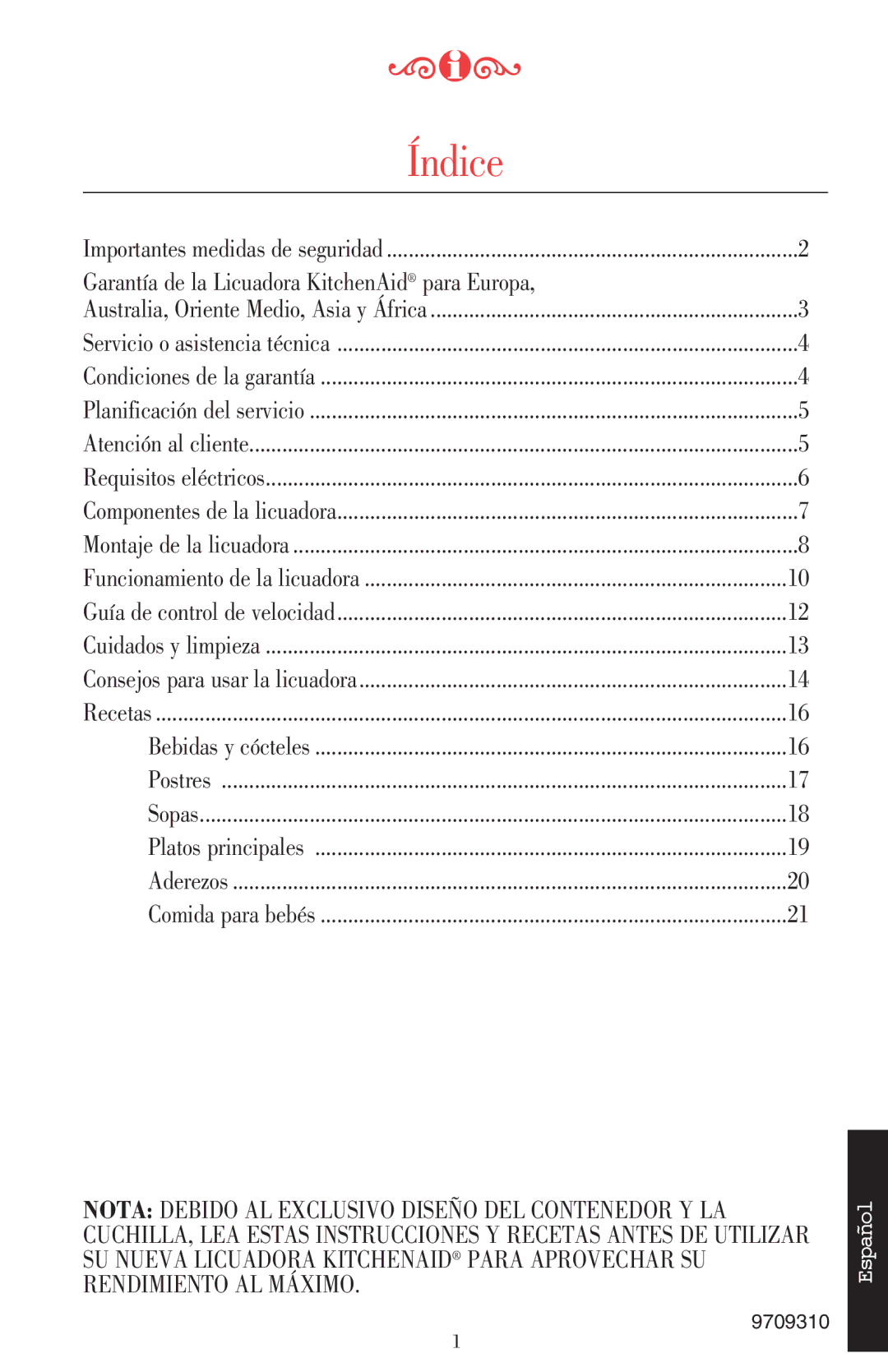 KitchenAid 5KSB52XXXX manual Índice, Garantía de la Licuadora KitchenAid para Europa, Importantes medidas de seguridad 