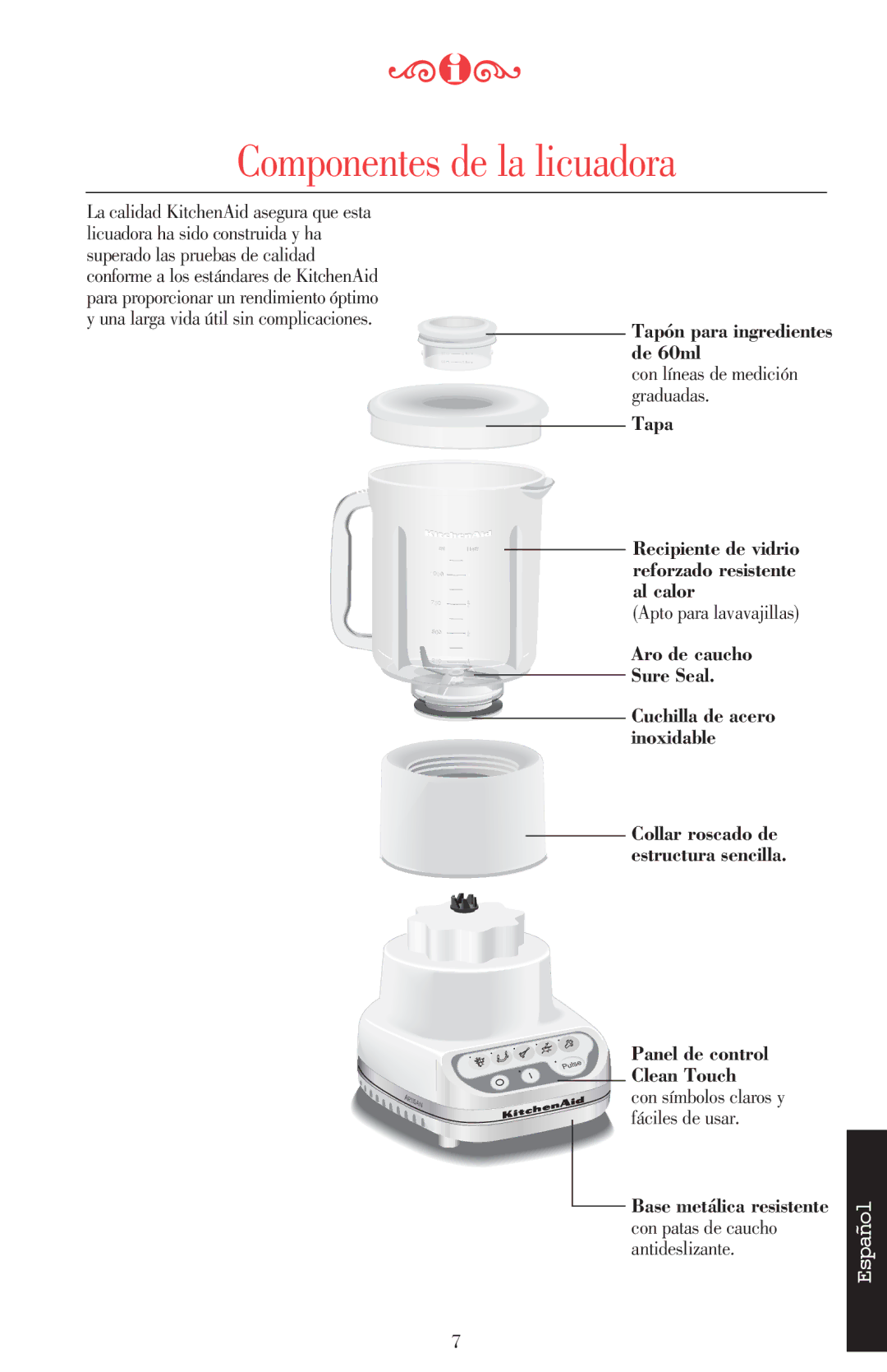 KitchenAid 5KSB52XXXX manual Componentes de la licuadora 