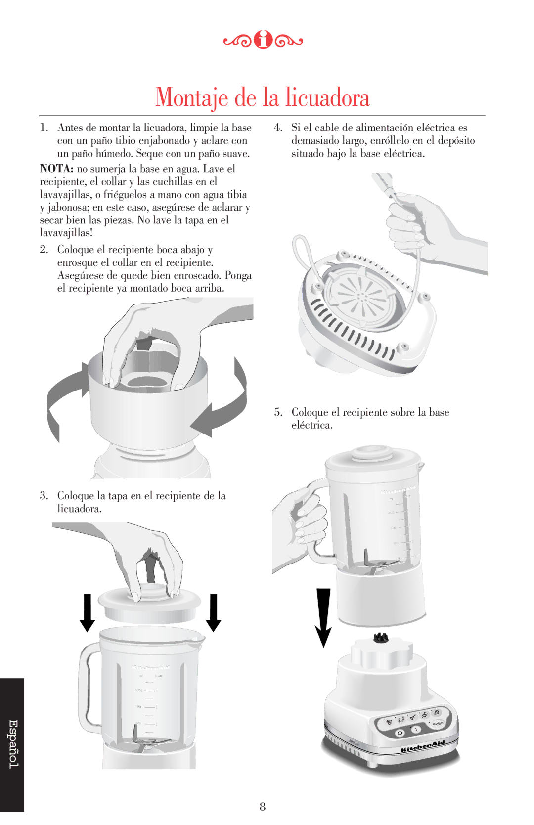 KitchenAid 5KSB52XXXX manual Montaje de la licuadora, Artisan 