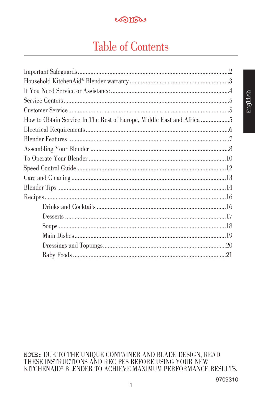 KitchenAid 5KSB52XXXX manual Table of Contents 