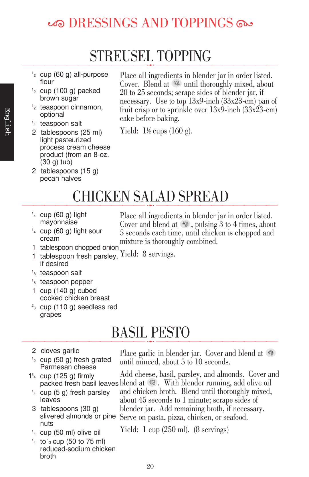 KitchenAid 5KSB52XXXX manual Streusel Topping, Chicken Salad Spread, Basil Pesto, Yield 11⁄2 cups 160 g 