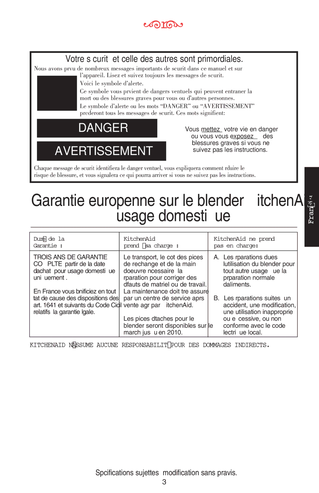 KitchenAid 5KSB52XXXX manual Votre sécurité et celle des autres sont primordiales 