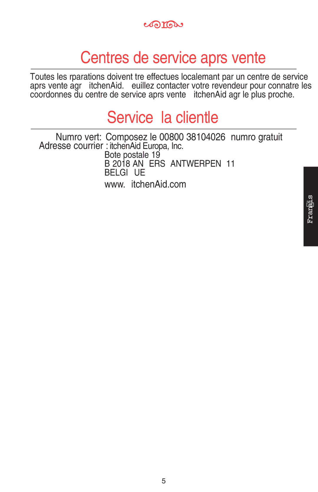 KitchenAid 5KSB52XXXX manual Centres de service après-vente, Service à la clientèle, Boîte postale 