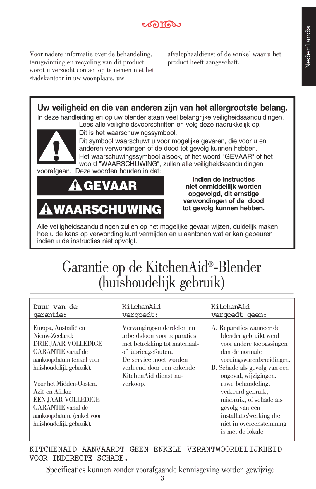 KitchenAid 5KSB52XXXX manual Garantie op de KitchenAid-Blender Huishoudelijk gebruik 