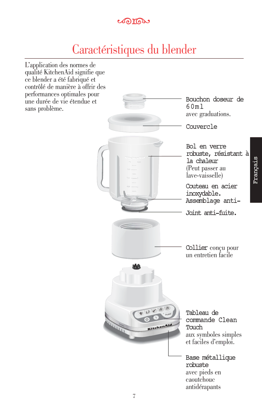 KitchenAid 5KSB52XXXX manual Caractéristiques du blender, Avec graduations, Avec pieds en caoutchouc antidérapants 