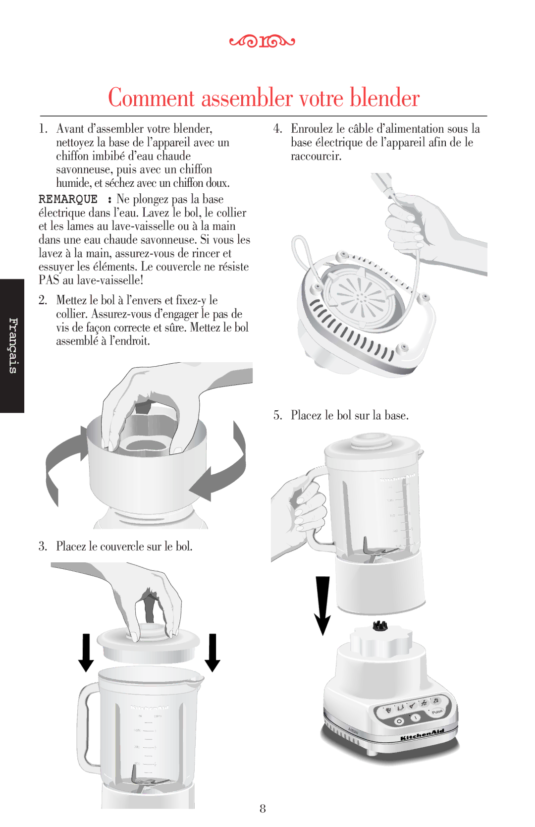 KitchenAid 5KSB52XXXX manual Comment assembler votre blender 