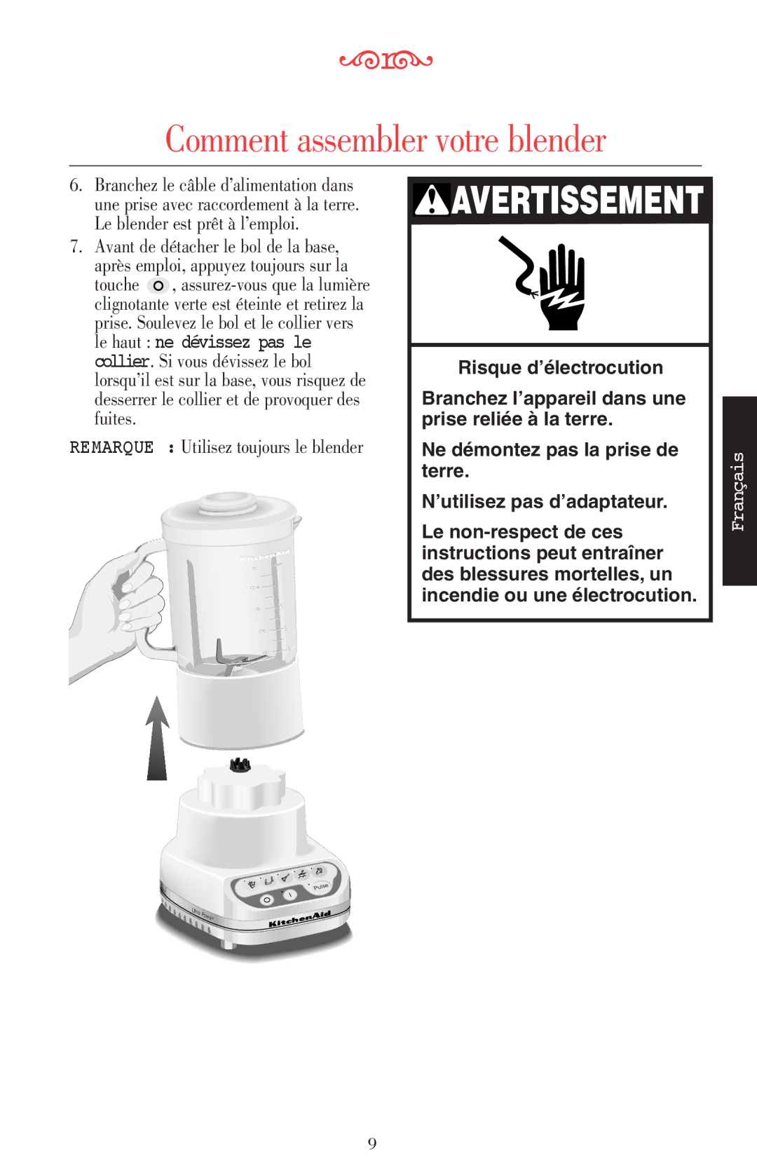 KitchenAid 5KSB52XXXX manual Remarque Utilisez toujours le blender 