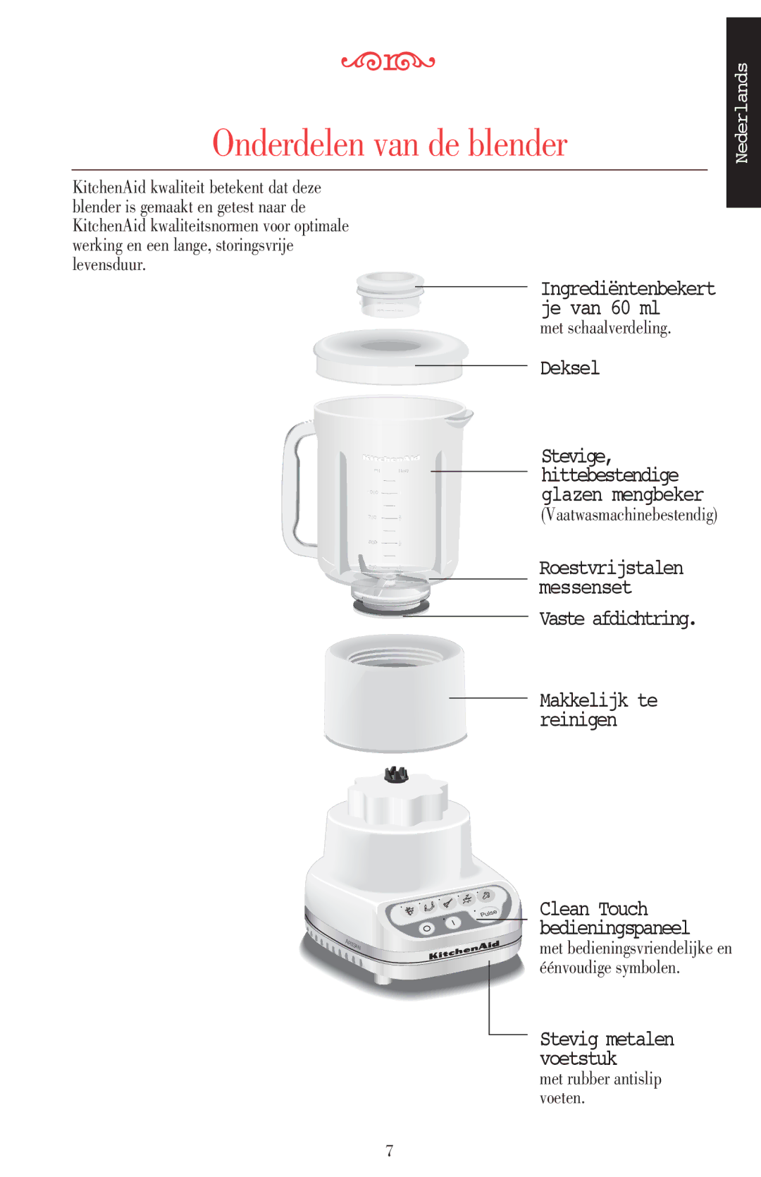 KitchenAid 5KSB52XXXX manual Onderdelen van de blender, Met schaalverdeling, Vaatwasmachinebestendig, Éénvoudige symbolen 