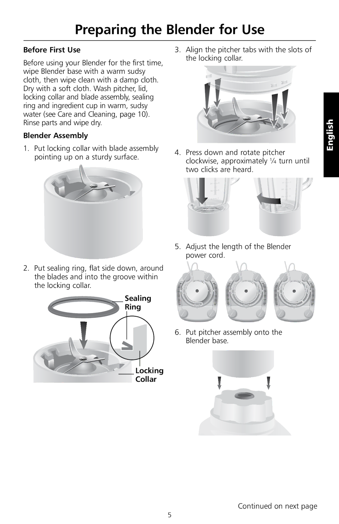 KitchenAid 5KSB555 manual Preparing the Blender for Use, Before First Use, Blender Assembly, Sealing Ring 