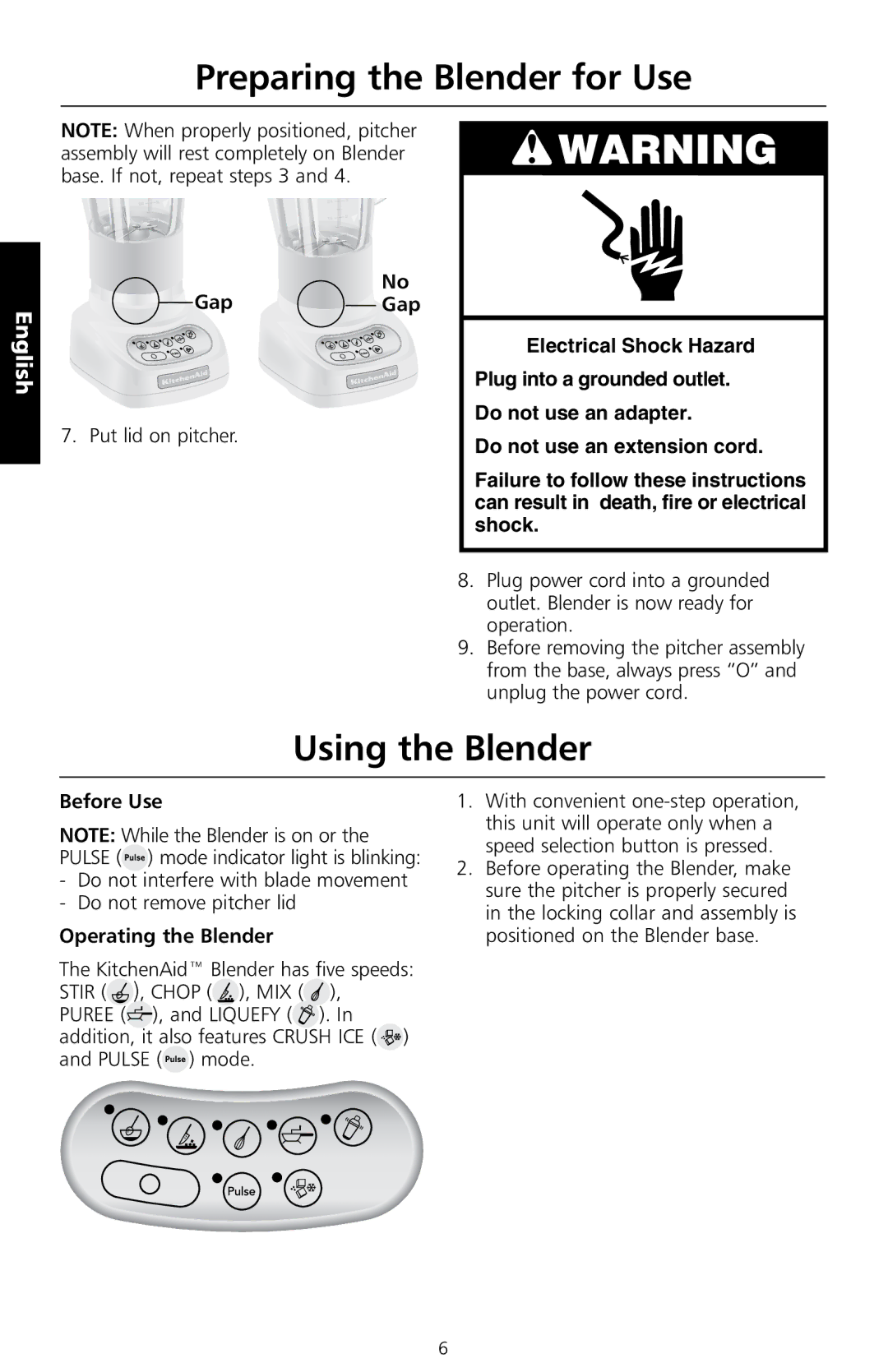 KitchenAid 5KSB555 manual Using the Blender, Gap Gap, Before Use, Operating the Blender 