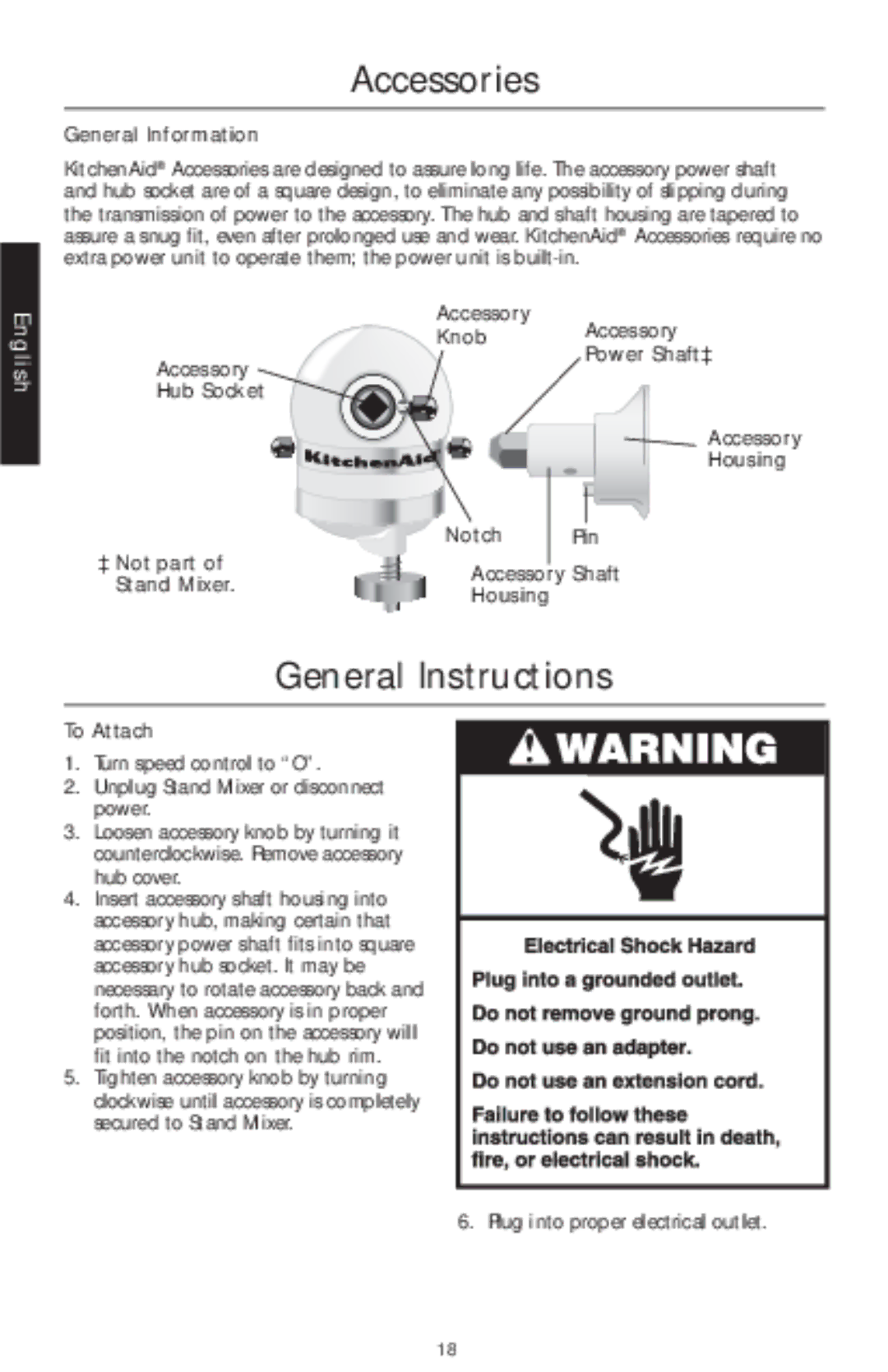 KitchenAid 5KSM150PSC, 5K5SSC, 5K45SSC manual Accessories, General Instructions 