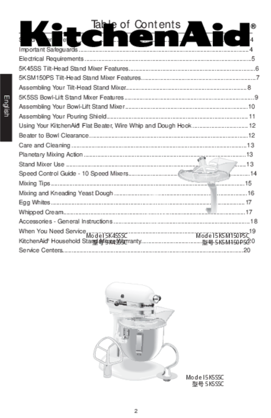 KitchenAid 5K45SSC, 5KSM150PSC, 5K5SSC manual Table of Contents 