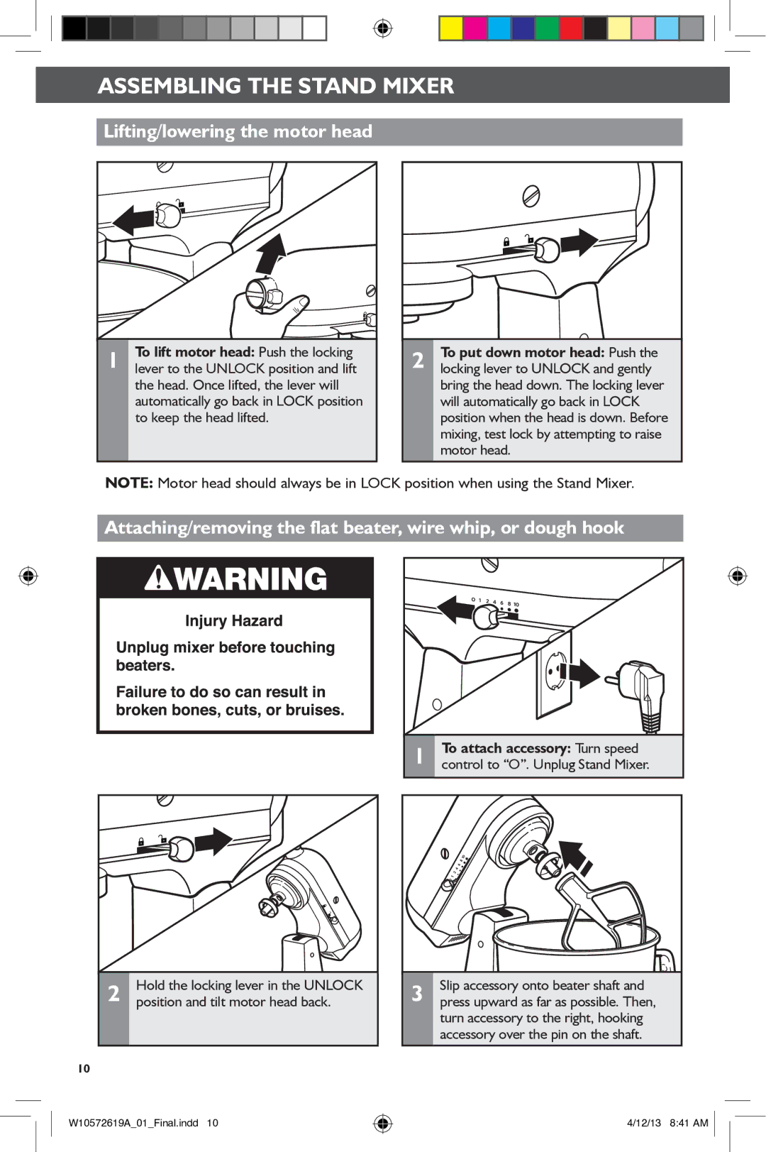 KitchenAid 5KSM45, 5KSM156 Lifting/lowering the motor head, Attaching/removing the flat beater, wire whip, or dough hook 