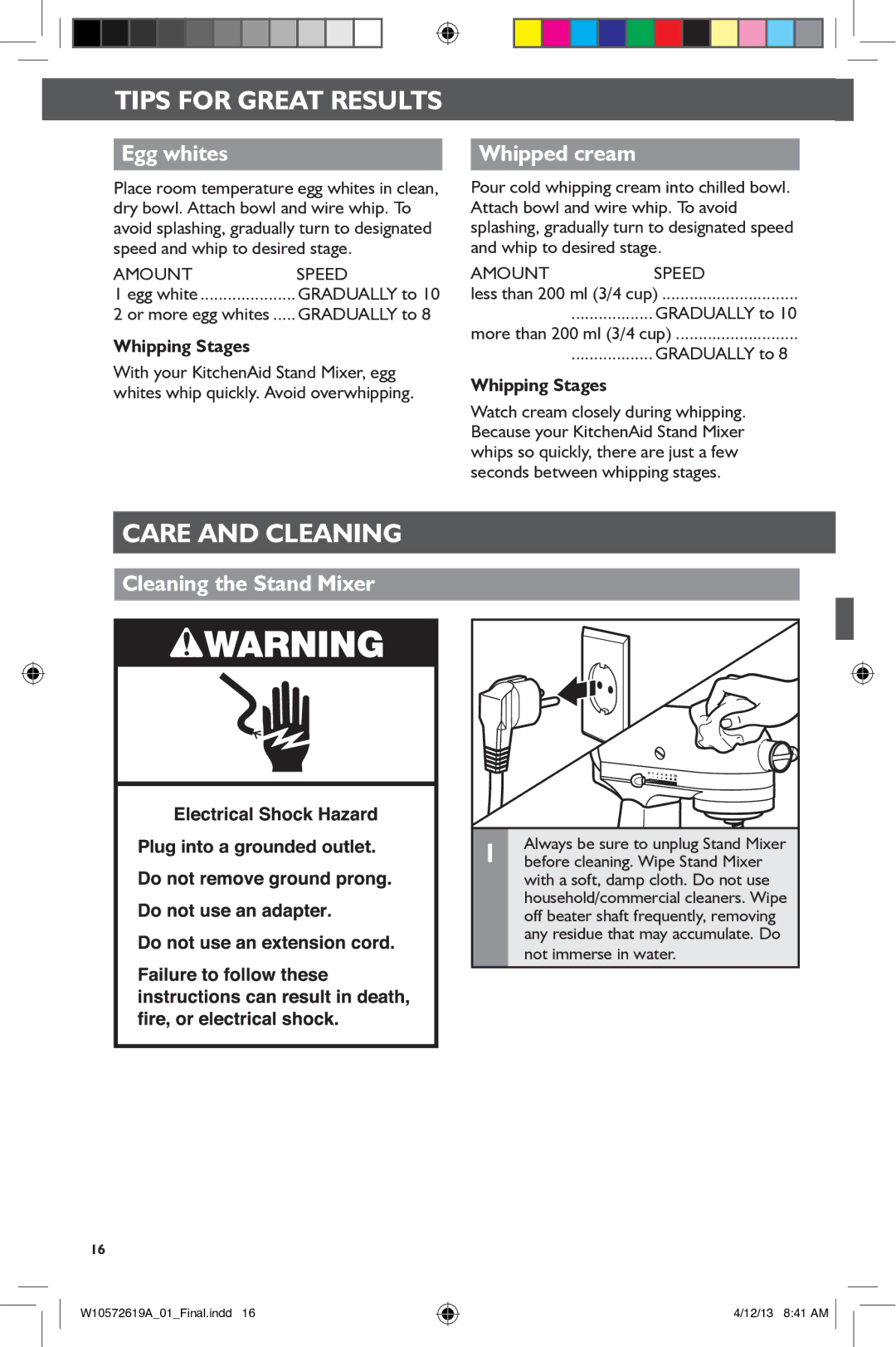 KitchenAid 5KSM45, 5KSM156 manual Care and cleaning, Egg whites, Whipped cream, Cleaning the Stand Mixer, Whipping Stages 