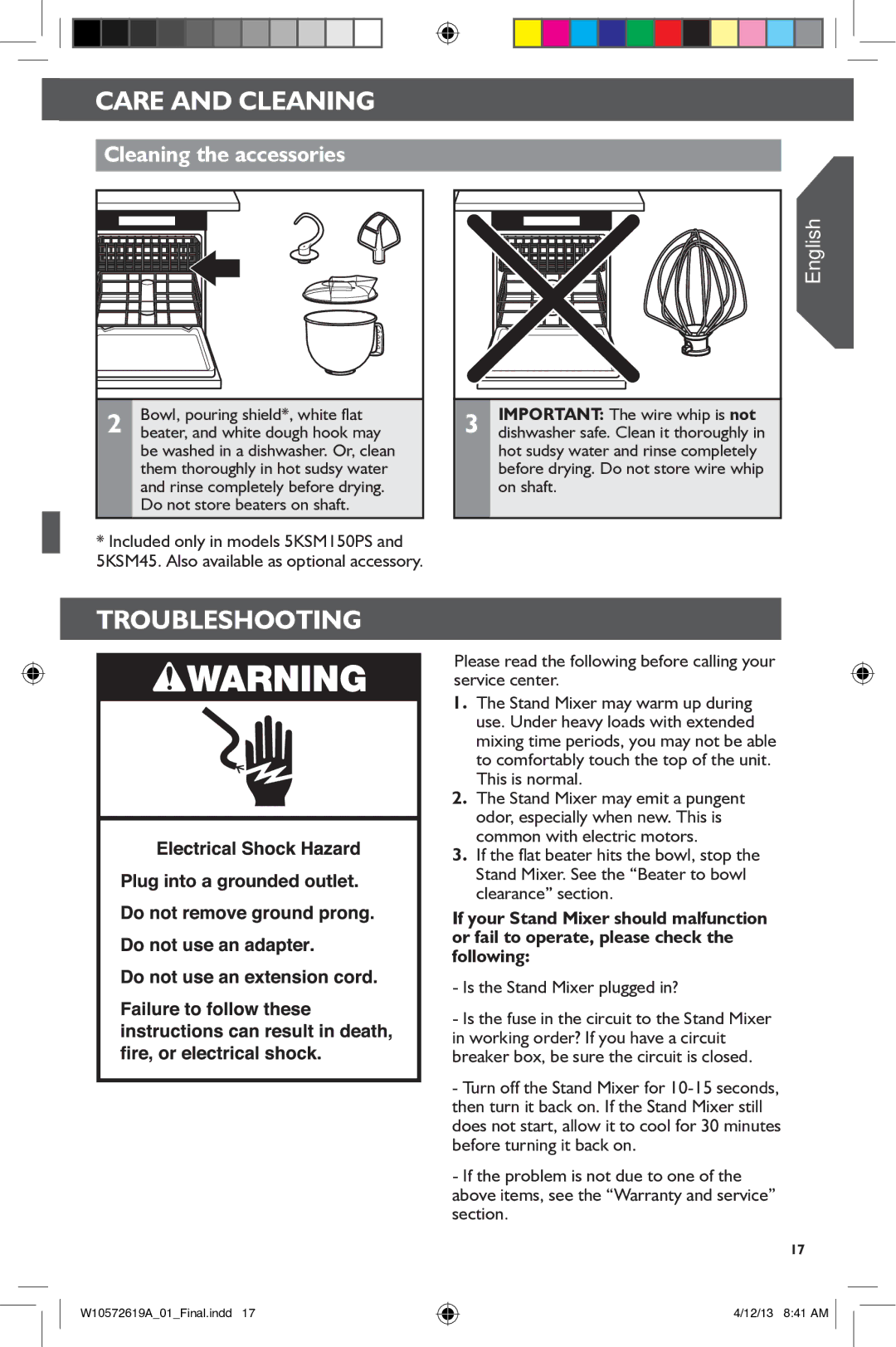 KitchenAid 5KSM156, 5KSM45 manual Troubleshooting, Cleaning the accessories 