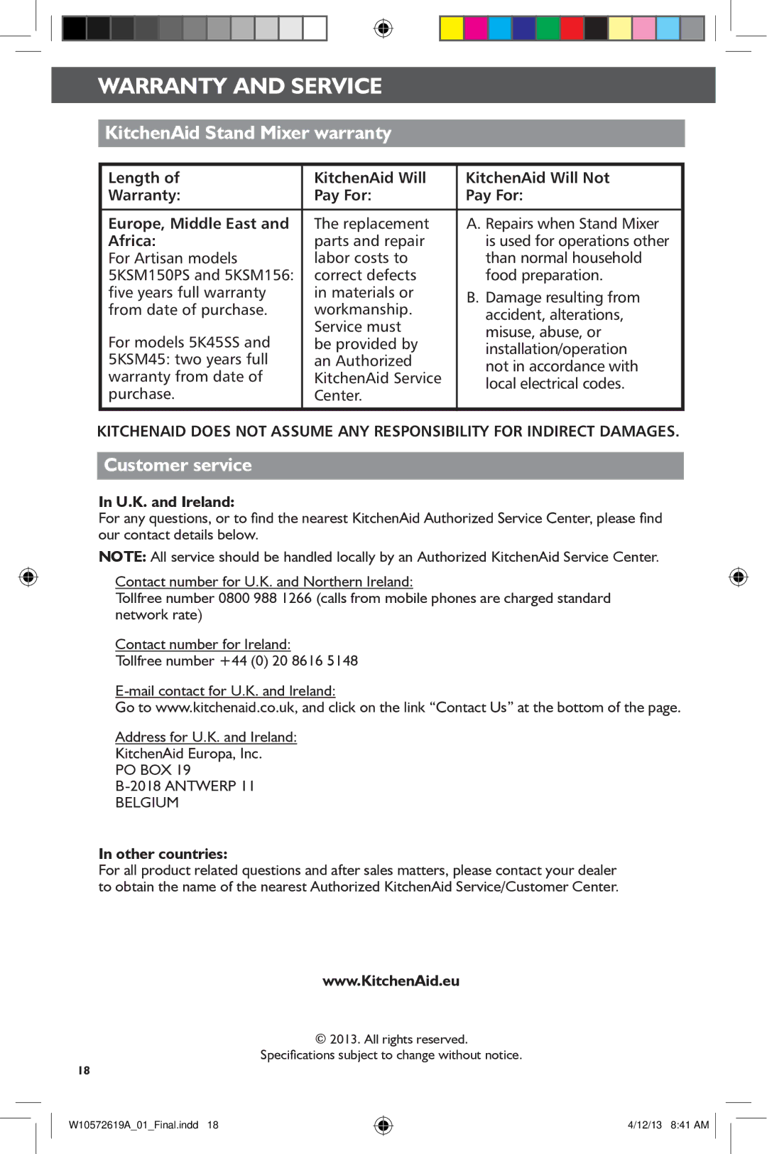 KitchenAid 5KSM45, 5KSM156 manual Warranty and service, KitchenAid Stand Mixer warranty, Customer service 