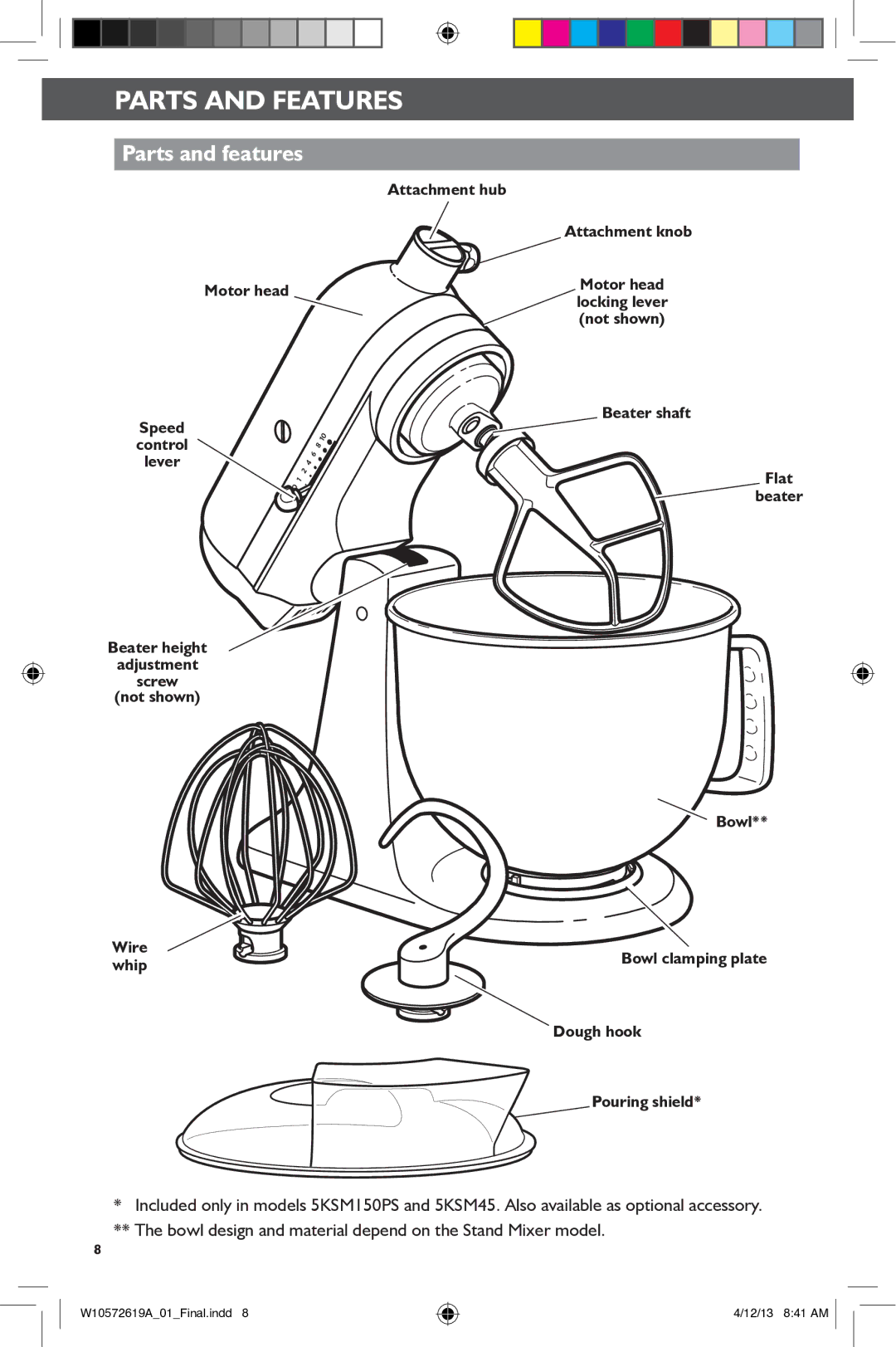 KitchenAid 5KSM45, 5KSM156 manual Parts and Features, Parts and features 