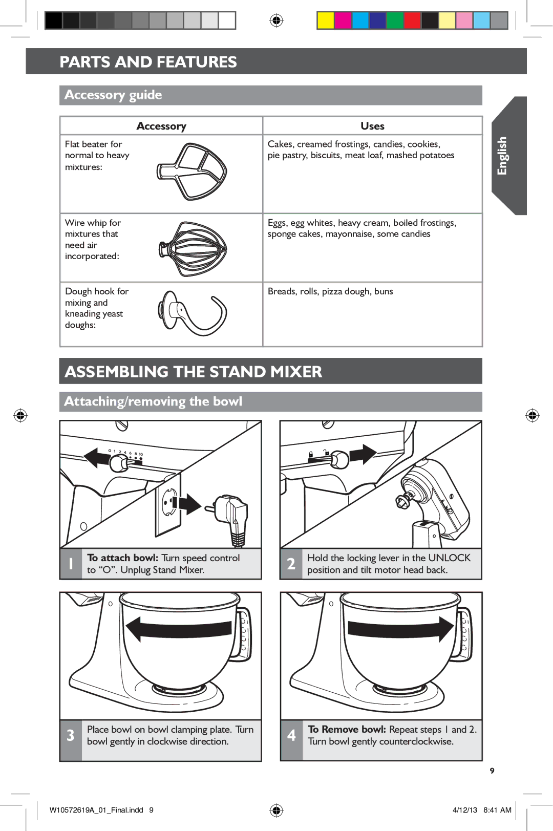 KitchenAid 5KSM156, 5KSM45 manual Assembling the Stand Mixer, Accessory guide, Attaching/removing the bowl, Accessory Uses 