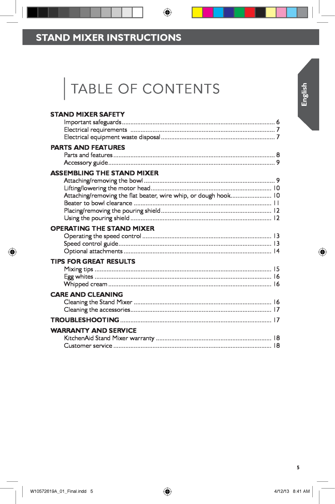 KitchenAid 5KSM156, 5KSM45 manual Stand mixer INSTRUCTIONS, Table of Contents, English, Mixing tips, Troubleshooting 