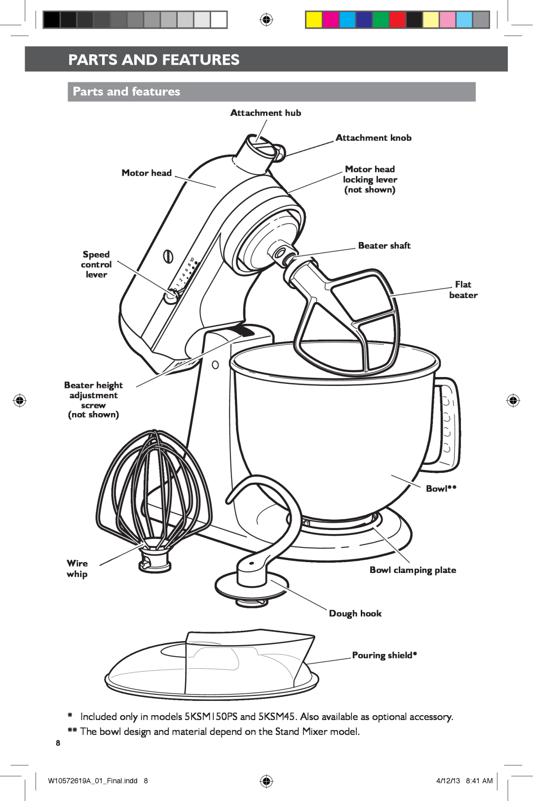 KitchenAid 5KSM45 Parts And Features, Parts and features, The bowl design and material depend on the Stand Mixer model 